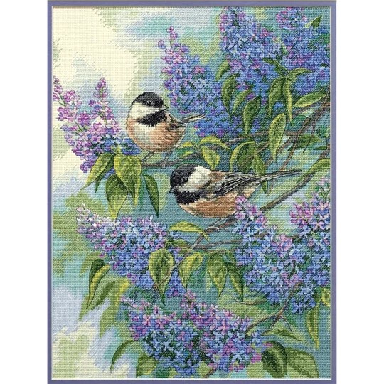 Image 1 of Dimensions Chickadees and Lilacs Cross Stitch Kit