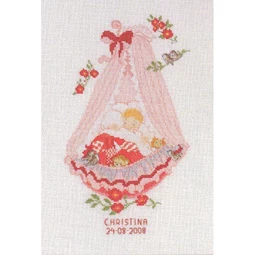Eva Rosenstand Pink Baby Crib Birth Record Birth Sampler Cross Stitch Kit