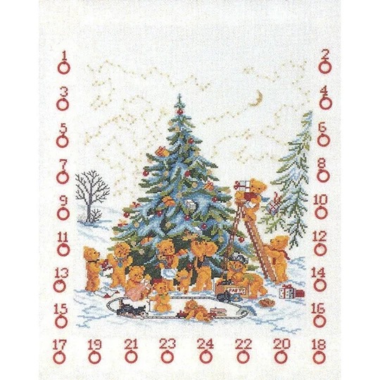 Image 1 of Eva Rosenstand Teddy Tree Advent Calendar Christmas Cross Stitch Kit