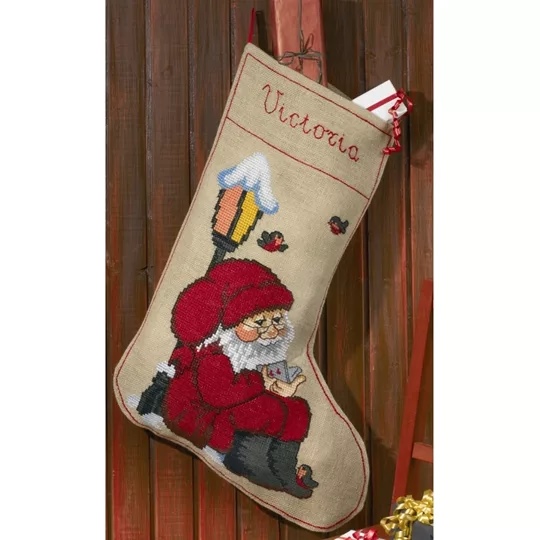 Image 1 of Permin Reading Santa Stocking Christmas Cross Stitch Kit