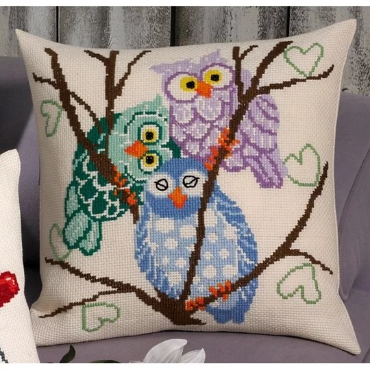 Image 1 of Permin Owl Trio Cushion Cross Stitch Kit