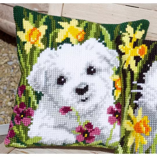 Image 1 of Vervaco Westie in Daffodils Cushion Cross Stitch Kit