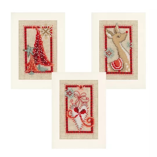 Image 1 of Vervaco Deer and Christmas Trees (Set of 3) Christmas Card Making Cross Stitch Kit