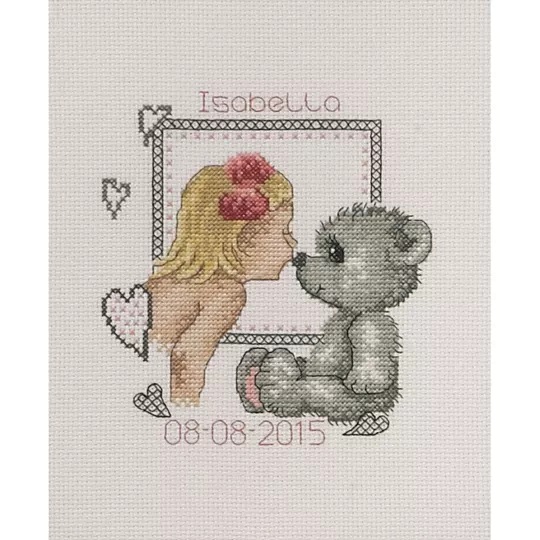 Image 1 of Permin Teddy Girl Birth Record Cross Stitch Kit