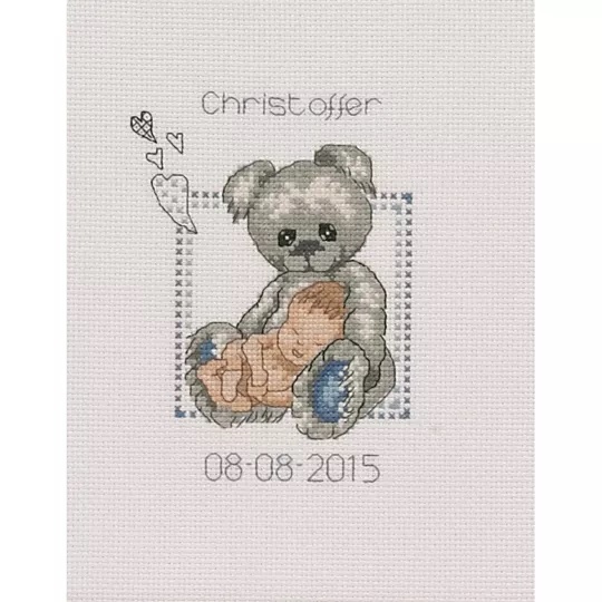 Image 1 of Permin Blue Teddy Birth Sampler Cross Stitch Kit
