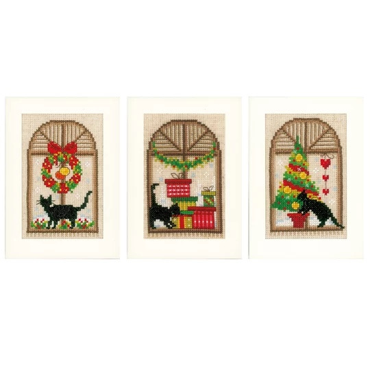 Image 1 of Vervaco Cat in Window Cards - Set of 3 Christmas Cross Stitch Kit