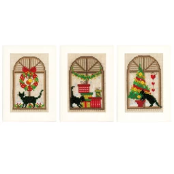 Vervaco Cat in Windows - Set of 3 Christmas Card Making Christmas Cross Stitch Kit