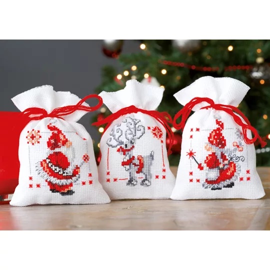 Image 1 of Vervaco Santa and Reindeer Bags - Set of 3 Christmas Cross Stitch Kit