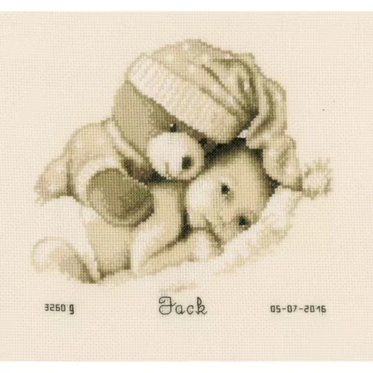 Image 1 of Vervaco Teddy and Baby Birth Record Cross Stitch Kit