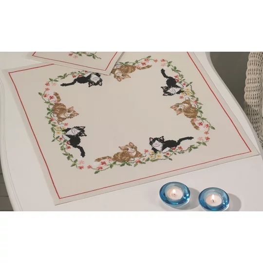 Image 1 of Permin Cats and Flowers Table Centre Cross Stitch Kit