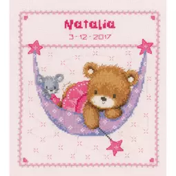 Vervaco Bear in Hammock - Pink Birth Sampler Cross Stitch Kit