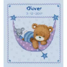 Vervaco Bear in Hammock - Blue Birth Sampler Cross Stitch Kit