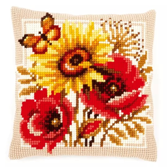Image 1 of Vervaco Poppies and Sunflower Cushion Cross Stitch Kit