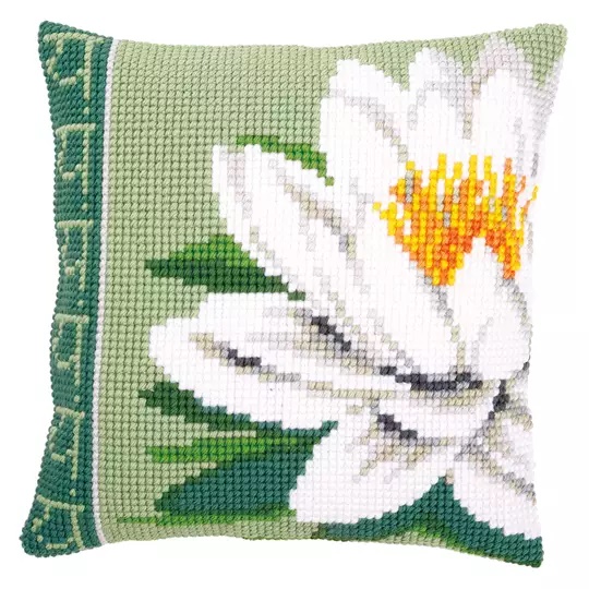 Image 1 of Vervaco White Lotus Flower Cushion Cross Stitch Kit