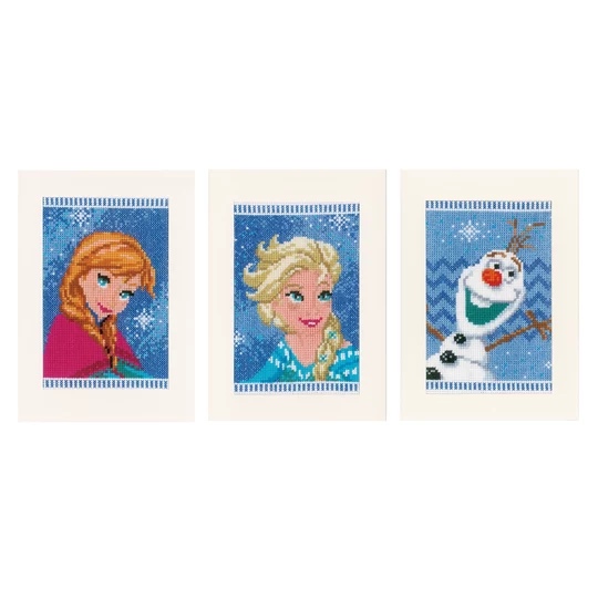 Image 1 of Vervaco Elsa, Olaf and Anna Card Set Christmas Cross Stitch Kit