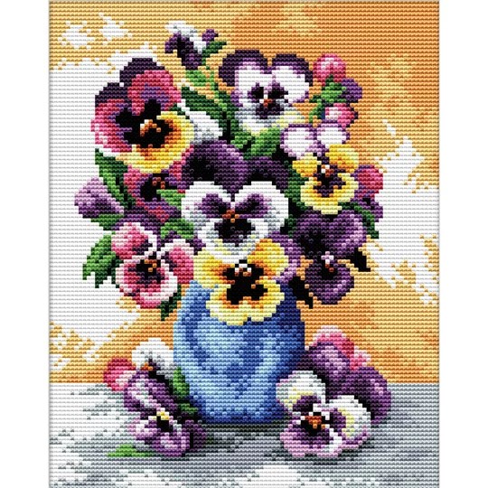Image 1 of Needleart World Vase of Pansies No Count Cross Stitch Kit