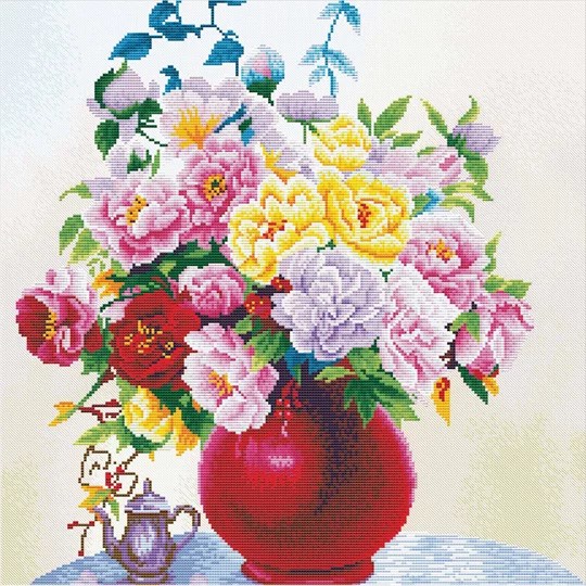 Image 1 of Needleart World Cabbage Roses in a Vase No Count Cross Stitch Kit