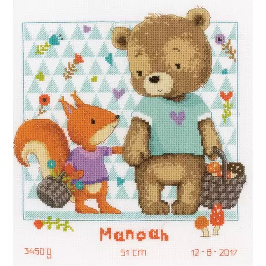 Image 1 of Vervaco Bear and Squirrel Sampler Cross Stitch Kit