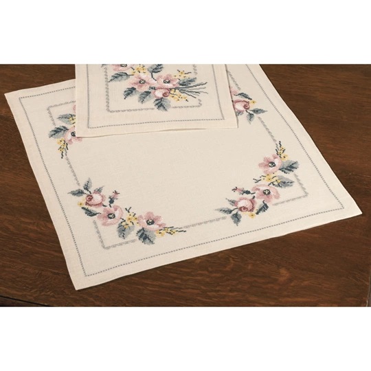Image 1 of Permin Pale Roses Tablecloth Cross Stitch Kit