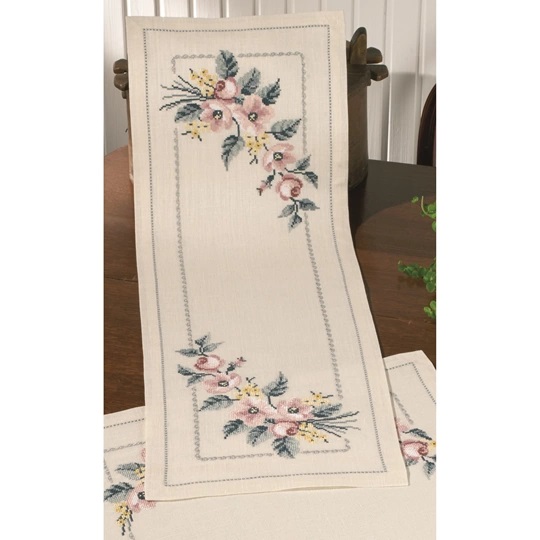 Image 1 of Permin Pale Roses Runner Cross Stitch Kit