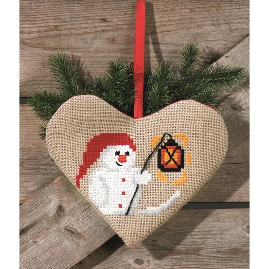 Image 1 of Permin Snowman Heart Bag Christmas Cross Stitch Kit