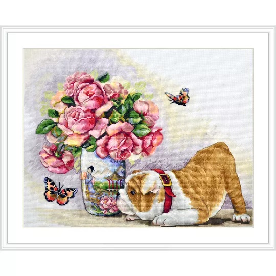Image 1 of Merejka Bulldog and Butterflies Cross Stitch Kit
