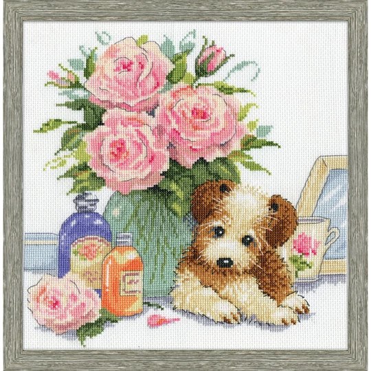 Image 1 of Design Works Crafts Puppy with Roses Cross Stitch Kit