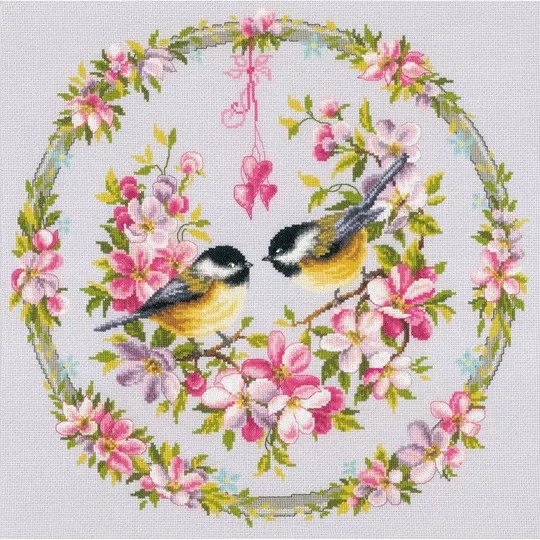 Image 1 of Vervaco Great-Tits in Flower Wreath Cross Stitch Kit