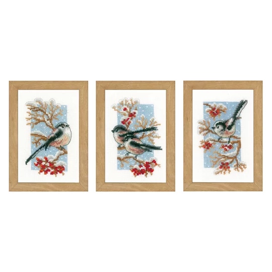 Image 1 of Vervaco Long-Tailed Tits and Berries Set of 3 Christmas Cross Stitch Kit
