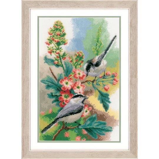 Image 1 of Vervaco Chickadees and Blossoms Cross Stitch Kit