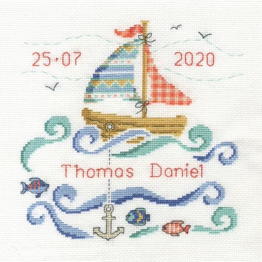 Image 1 of DMC Sail Boat Baby Birth Sampler Cross Stitch Kit