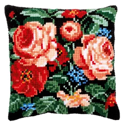 Vervaco Roses on Black Cushion Cross Stitch Kit