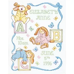 Janlynn Sleepy Bunnies Birth Announcement Birth Sampler Cross Stitch Kit