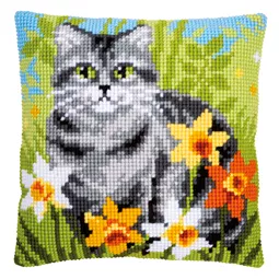 Vervaco Cat Between Flowers Cushion Cross Stitch Kit