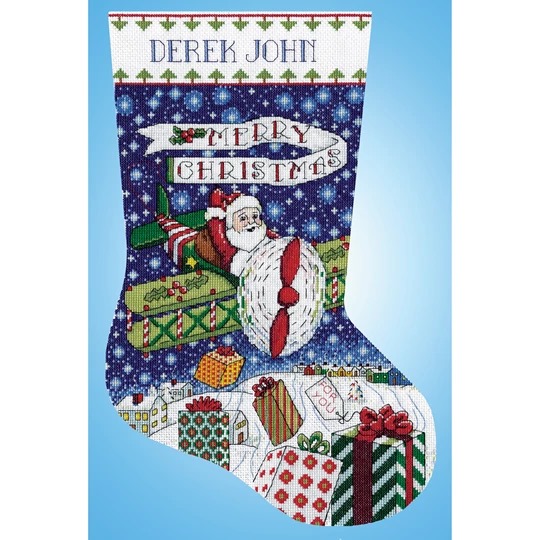 Image 1 of Design Works Crafts Airplane Santa Stocking Christmas Cross Stitch Kit