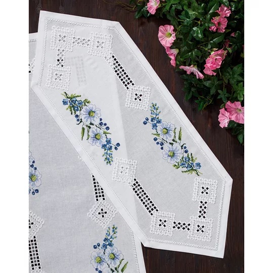 Image 1 of Permin Blue Floral Hardanger Runner Embroidery Kit