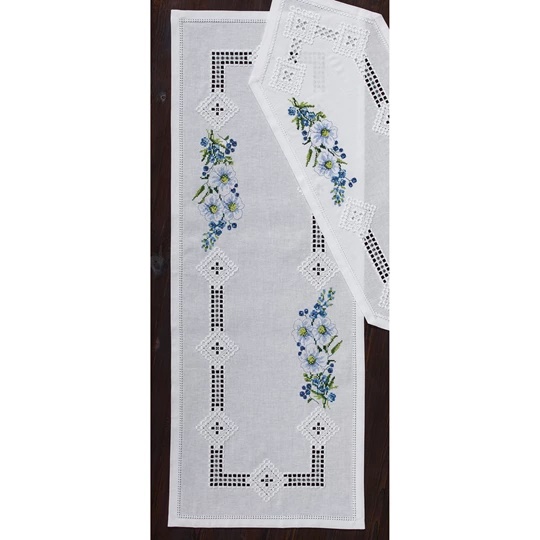 Image 1 of Permin Blue Floral Hardanger Long Runner Embroidery Kit