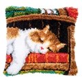 Image of Vervaco Cat Asleep on Bookshelf Latch Hook Cushion Kit