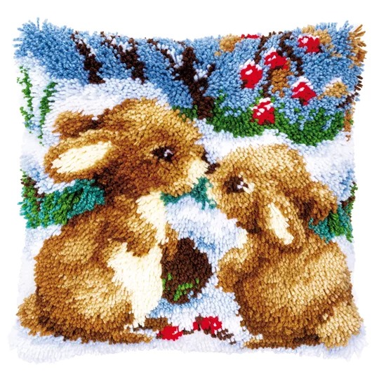 Image 1 of Vervaco Snow Rabbits Latch Hook Latch Hook Christmas Cushion Kit