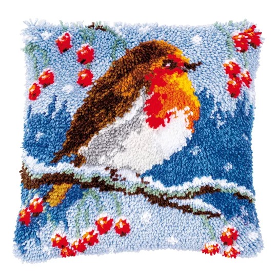 Image 1 of Vervaco Red Robin in Winter Latch Hook Christmas Cushion Kit