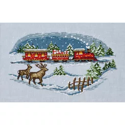 Permin Red Christmas Train - Linen Cross Stitch Kit