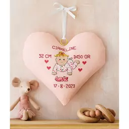 Permin Pink Heart Birth Sampler Cross Stitch Kit