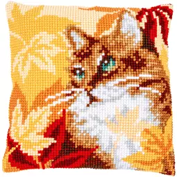 Vervaco Cat with Autumn Leaves Cushion Cross Stitch Kit