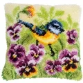 Image of Vervaco Bluetit and Pansies Latch Hook Cushion Kit