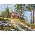 Image of Merejka Red Cabin in the Woods Cross Stitch Kit