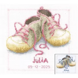 Vervaco Shoes with Pink/Blue Laces Birth Sampler Cross Stitch Kit