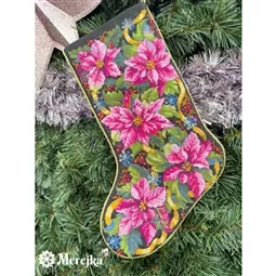 Merejka Pink Poinsettia Stocking Christmas Cross Stitch Kit