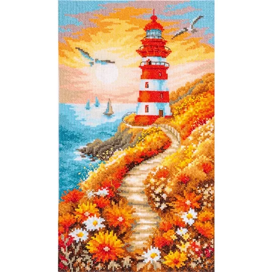 Lanarte Floral Lighthouse Path 14 count Cross Stitch Kit