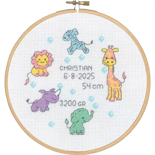 Permin Baby Boy Sampler in Hoop Birth Sampler Cross Stitch Kit