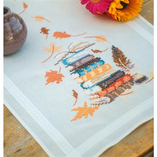 Photo 2 of Vervaco Books and Leaves Runner Cross Stitch Kit Image 2 of Vervaco Books and Leaves Runner Cross Stitch Kit